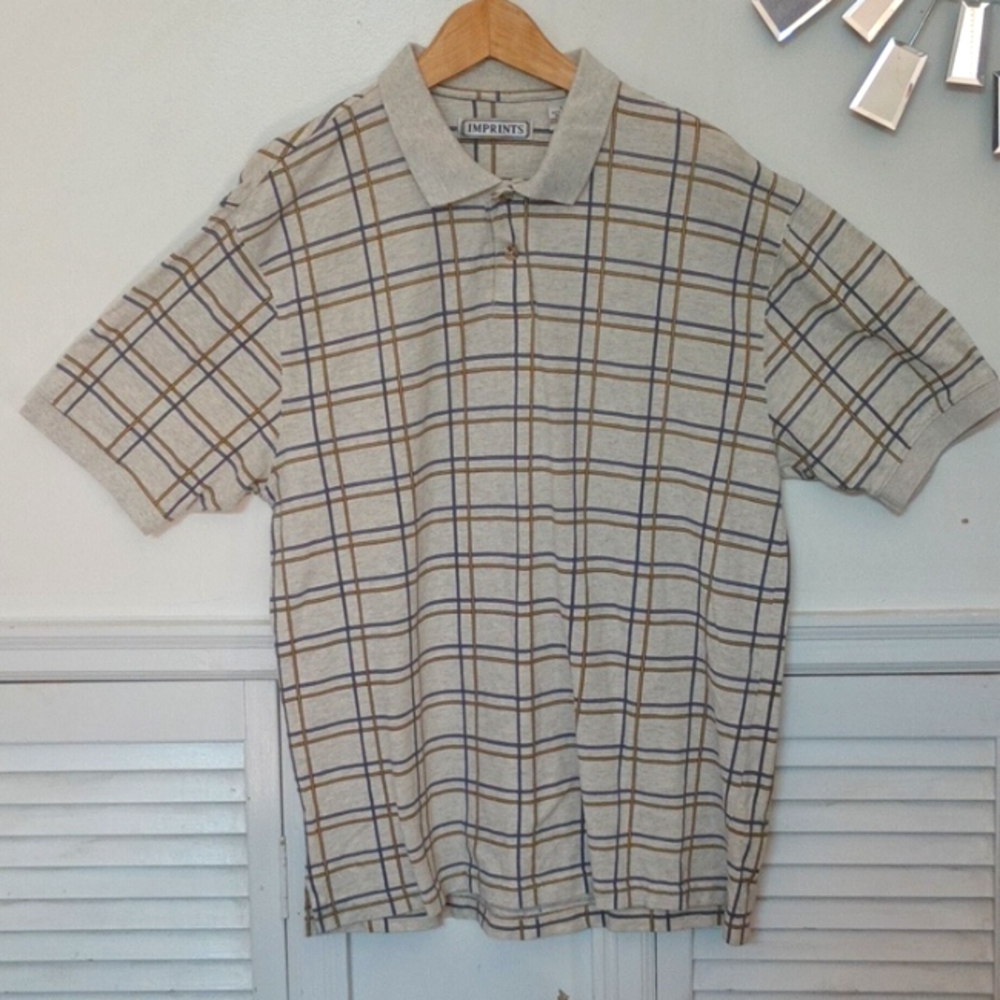 Imprints checkered striped button down collar short sleeve shirt
